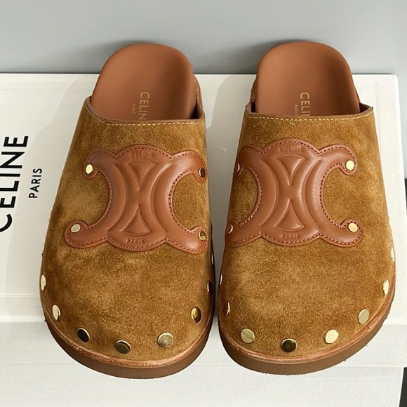 Celine Brown Suede Slip-Ons with Gold Details - Picture 1 of 5